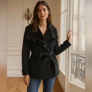 Betsey Johnson Black Belted Coat, Mixed Media Winter Trench